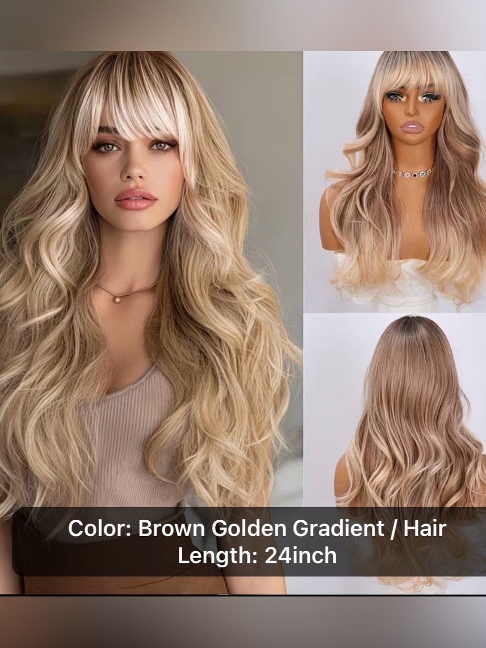 Brown Golden Gradient Long Wavy Wig with Bangs - 24 inch